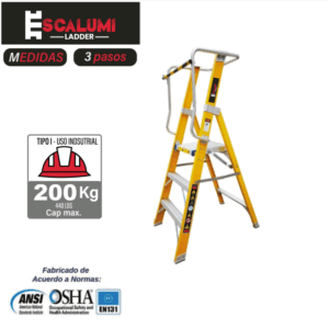 Escalera Tipo Plataforma Plegable Fibra de Vidrio - 3 pasos