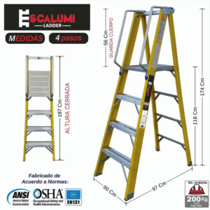 Escalera Tijera Plataforma Fibra De Vidrio 4 Pasos