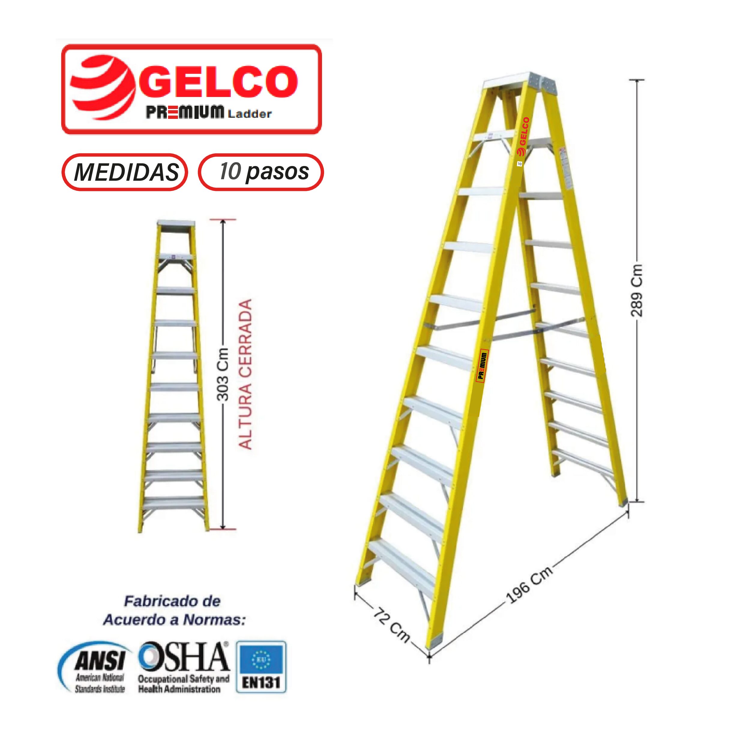 Escalera Tijera Doble Acceso Fibra de Vidrio 10 Pasos Gelco Premium