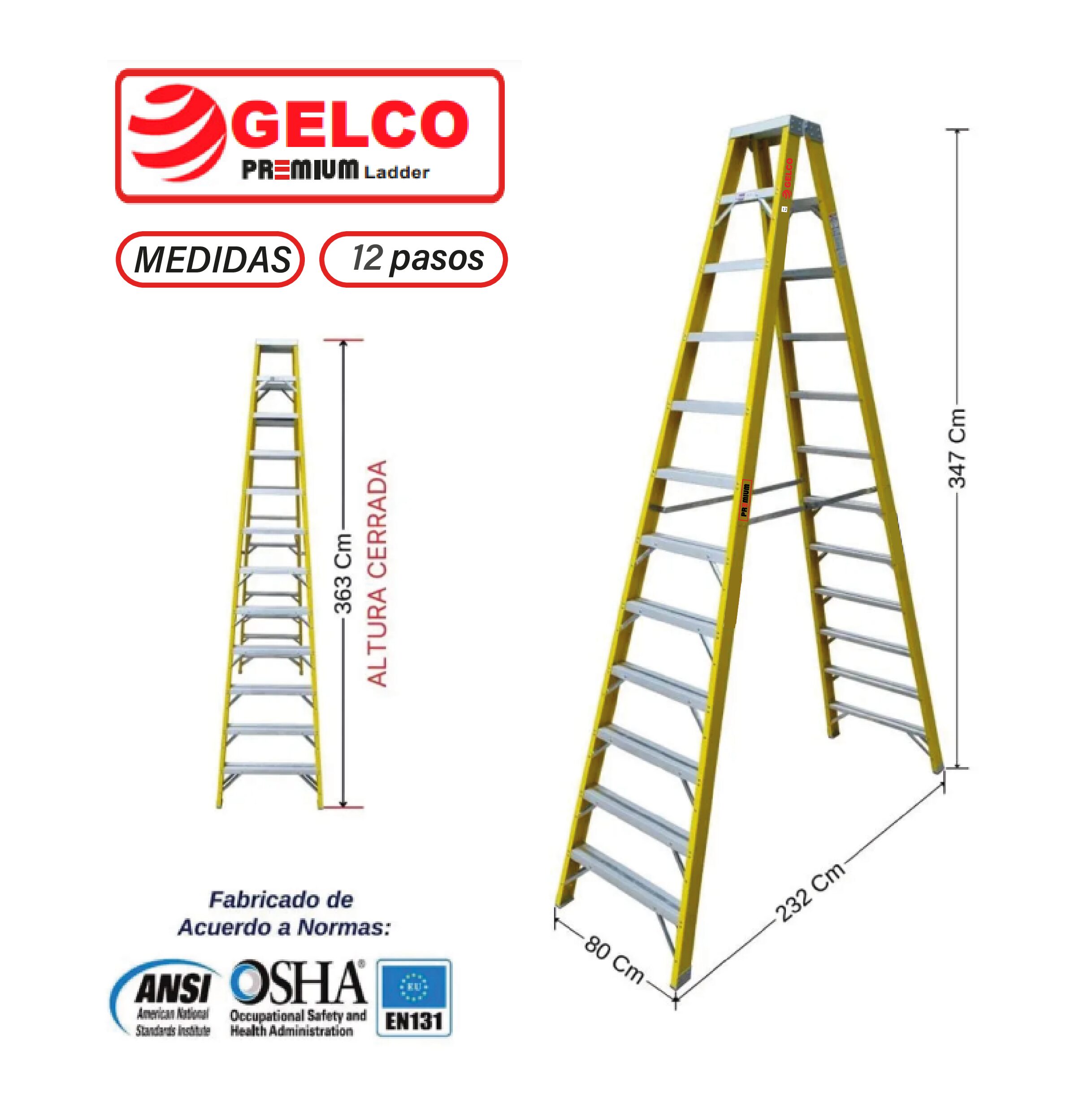 Escalera Tijera Doble Acceso Fibra de Vidrio 12 Pasos Gelco Premium