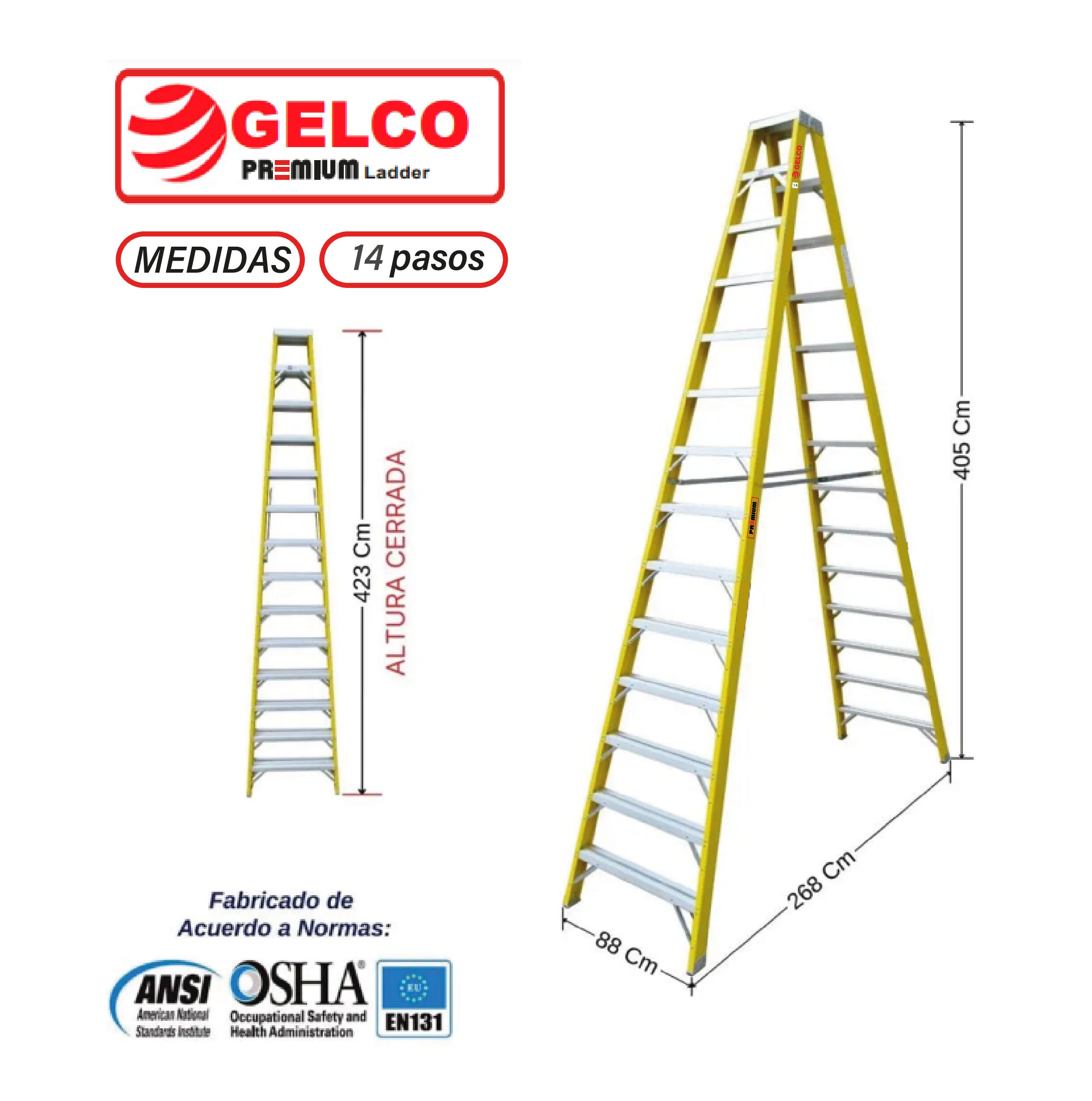 Escalera Tijera Doble Acceso Fibra de Vidrio 14 Pasos Gelco Premium