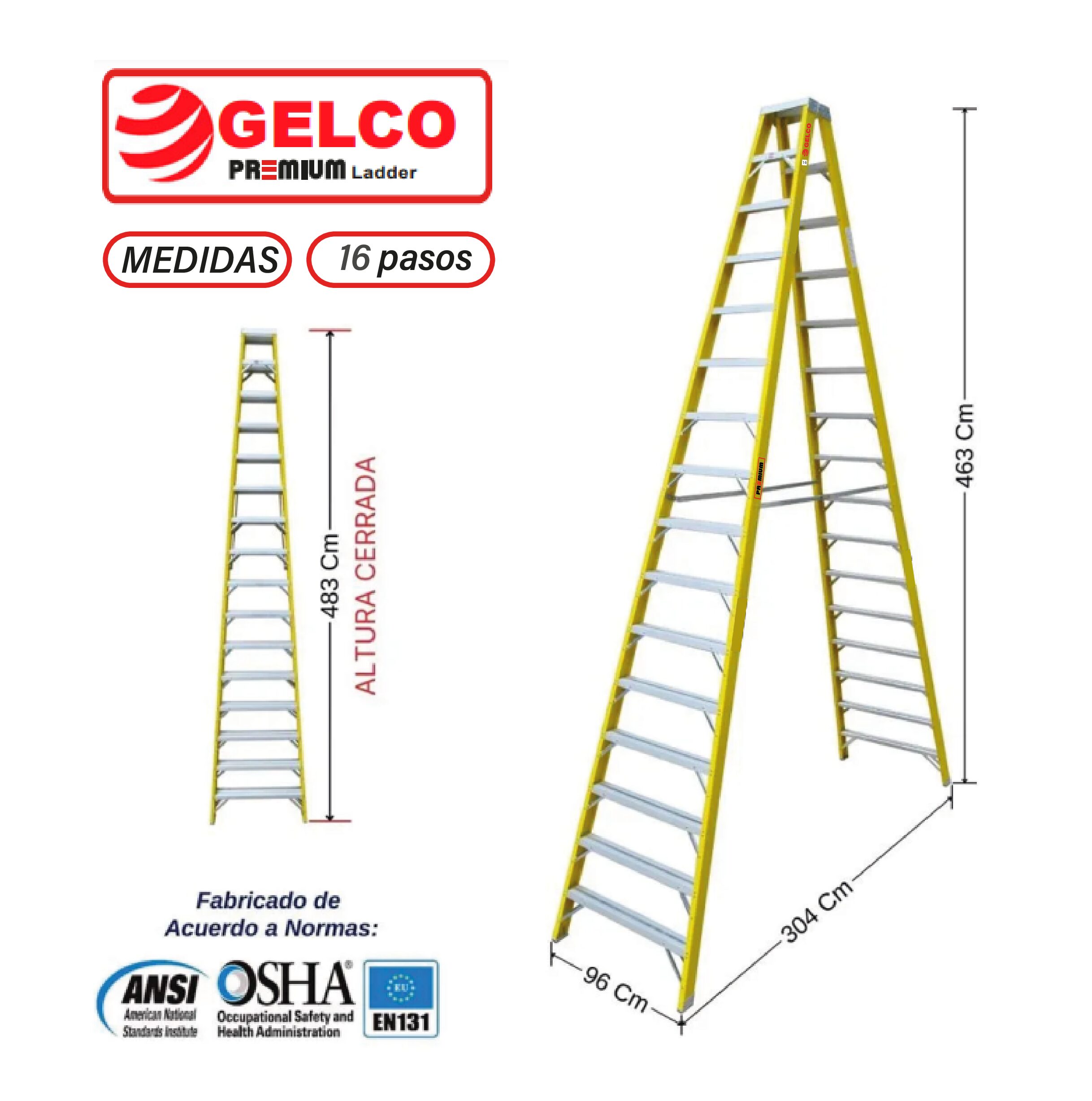 Escalera Tijera Doble Acceso Fibra de Vidrio 16 Pasos Gelco Premium