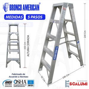 Escalera Tijera Doble Acceso Aluminio 5 Pasos Bronco American