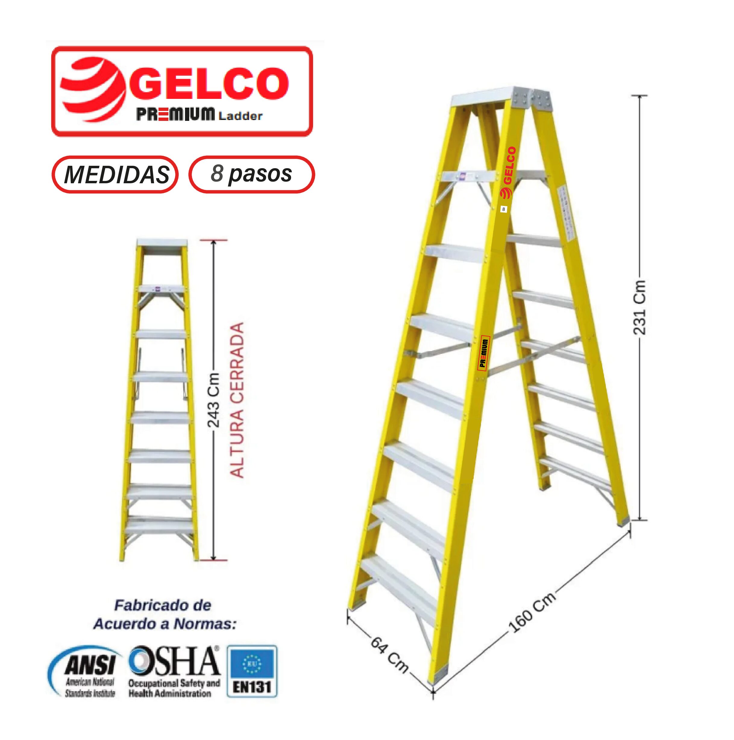 Escalera Tijera Doble Acceso Fibra de Vidrio 8 Pasos Gelco Premium