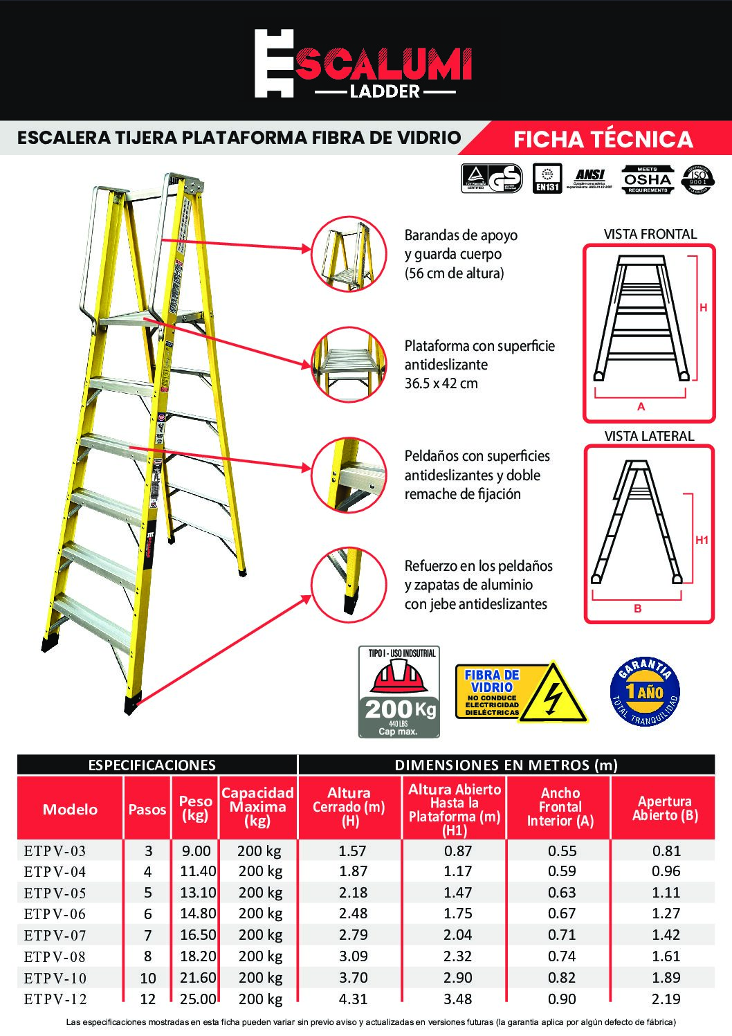 Escalera Tijera Plataforma Fibra De Vidrio